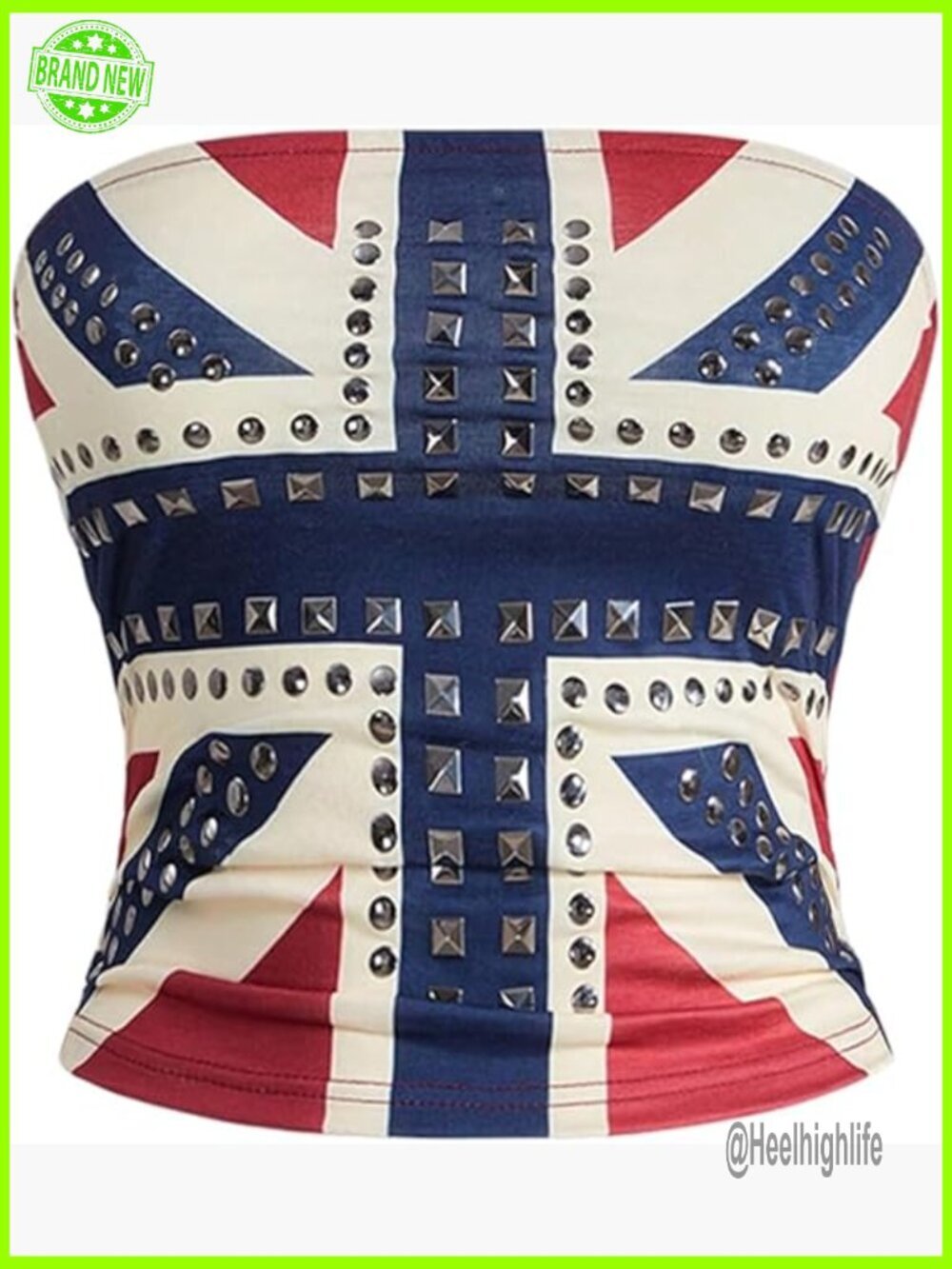 UK Flag Print Rivet Tube Top Strapless Ruched Slim Fit Bandage Tank Crop Top